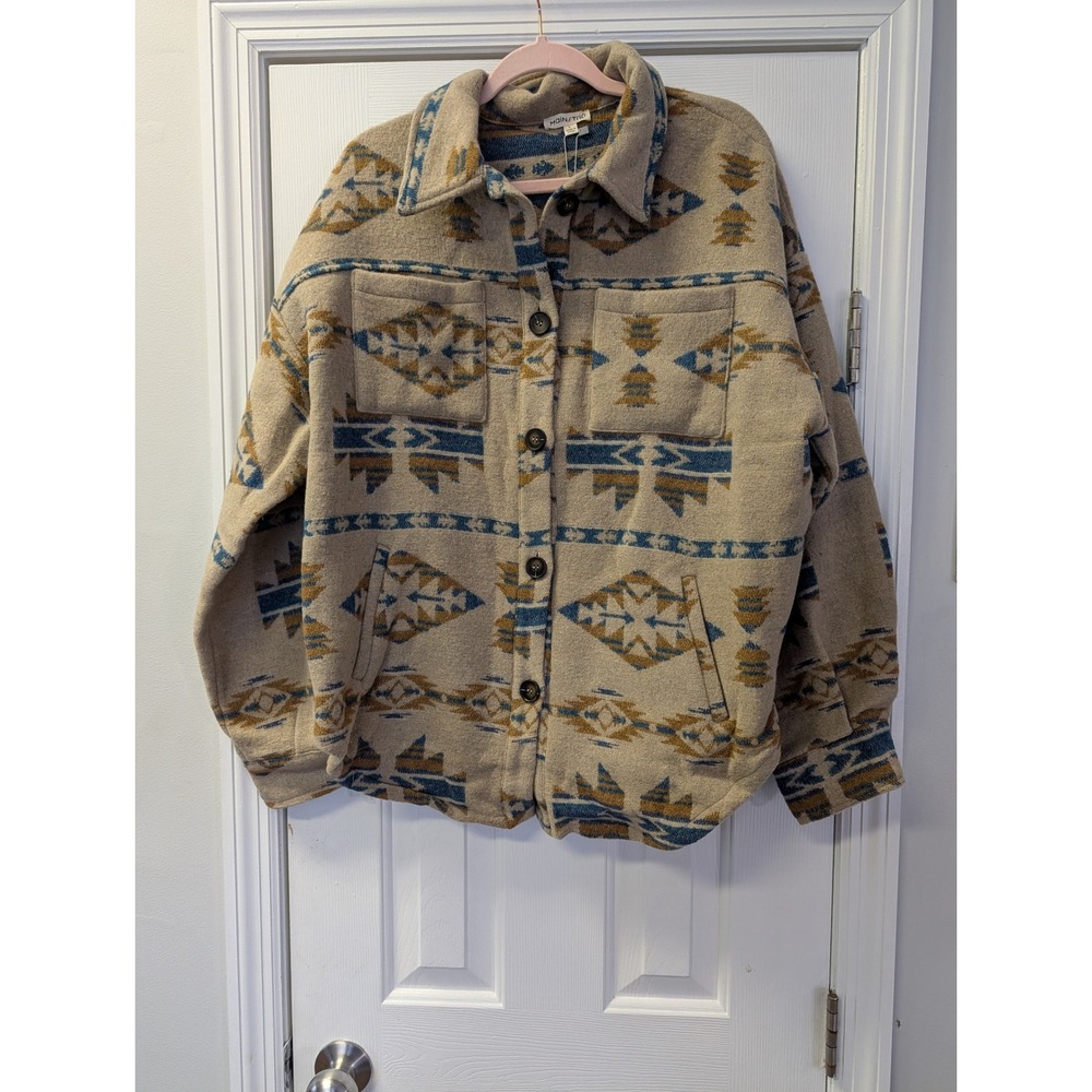 Southwestern Geometric Shacket Tan Blue Button Front Jacket L NEW Aztec Boho